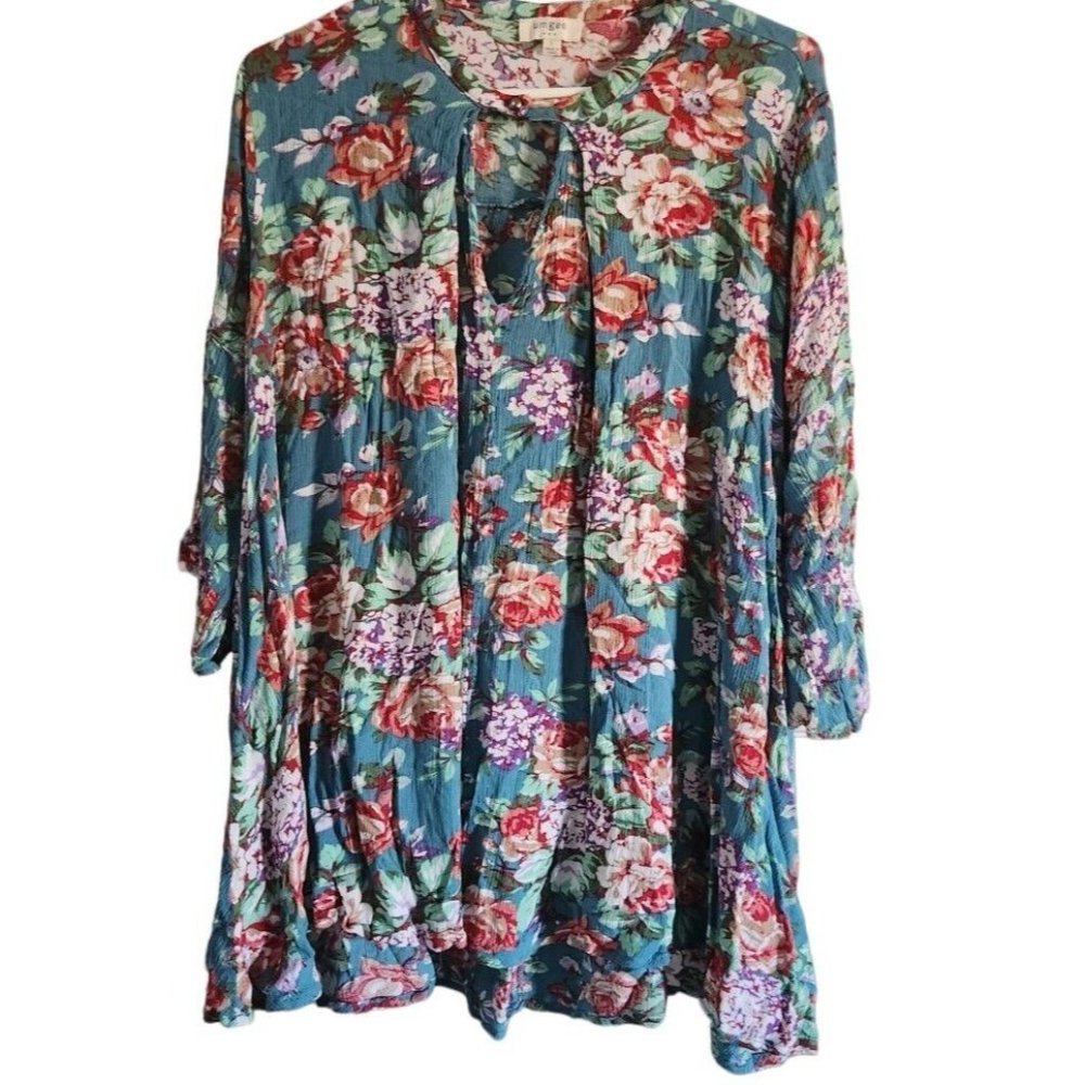 Umgee Sz L Keyhole Pullover Broomstick Pleated Top 3/4 Sleeves